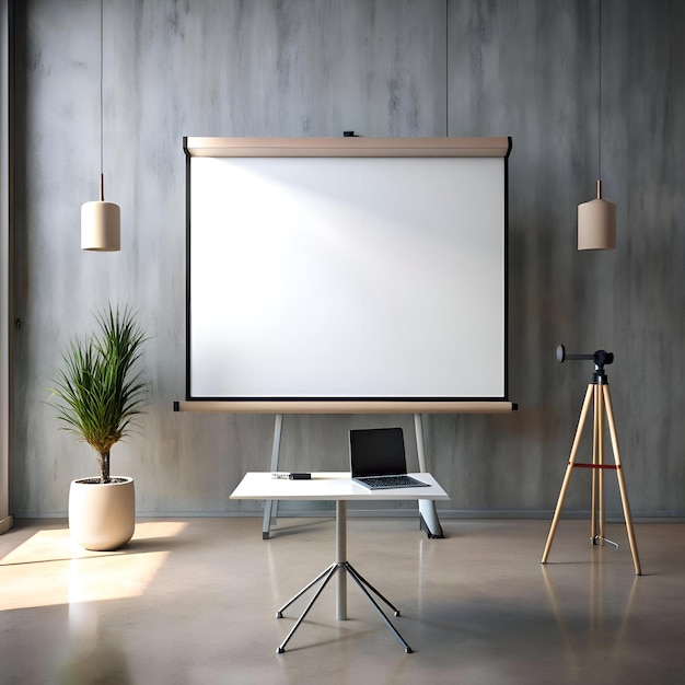 Modern minimalist presentation setup with a blank projector screen laptop and a tripod