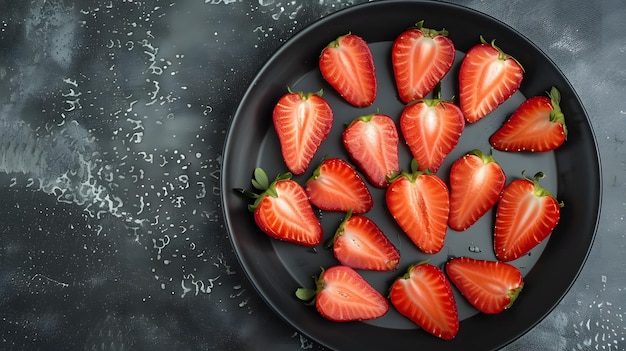 modern and minimalist presentation of strawberries on a sleek black plate