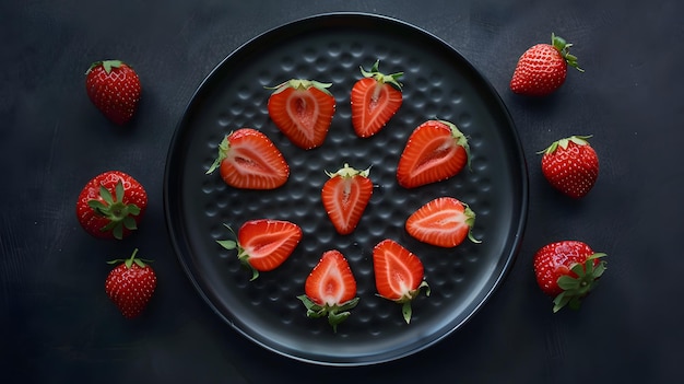 modern and minimalist presentation of strawberries on a sleek black plate