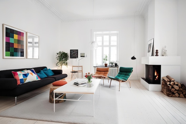 Modern minimalist scandinavian living room with sleek furniture and pops of color created with generative ai