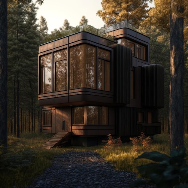 modern minimalist style cabin in clearing wilderness area AI generative