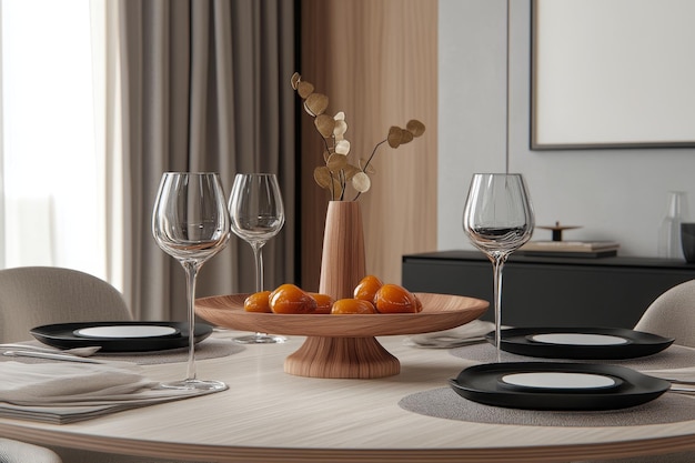 Photo a modern and minimalist table setting with a wooden centerpiece featuring dried flowers a bowl