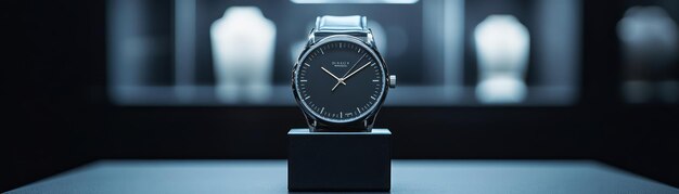 Photo modern minimalist watch on sleek stand in stylish showroom setting with copyspace