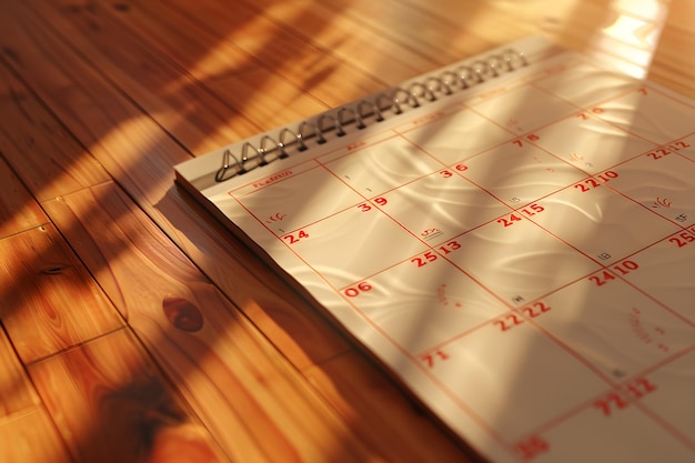 Modern and Minimalistic Calendar Design with Highlighted Dates and Seasonal Icons on Wooden Backgrou