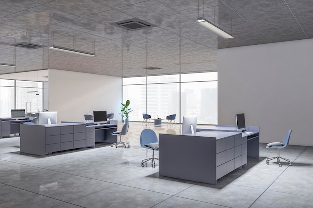 Modern minimalistic coworking interior with furniture 3D Rendering