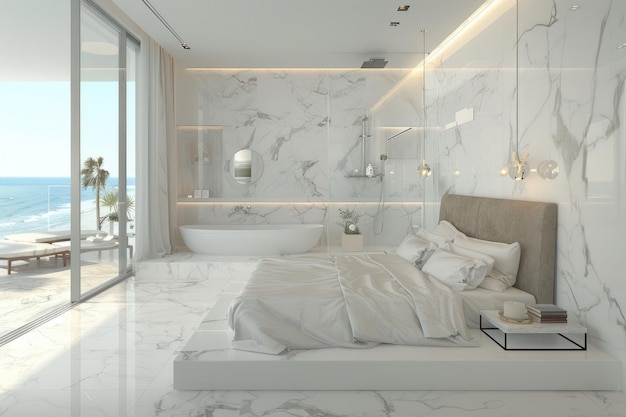 Modern Minimalistic Double Bedchamber and Bathroom with Luxury White Marble