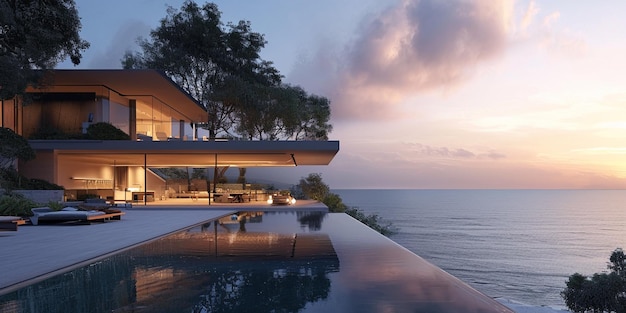 modern minimalistic house perched on a sea cliff sunrise ambiance with hues of soft yellow light pi