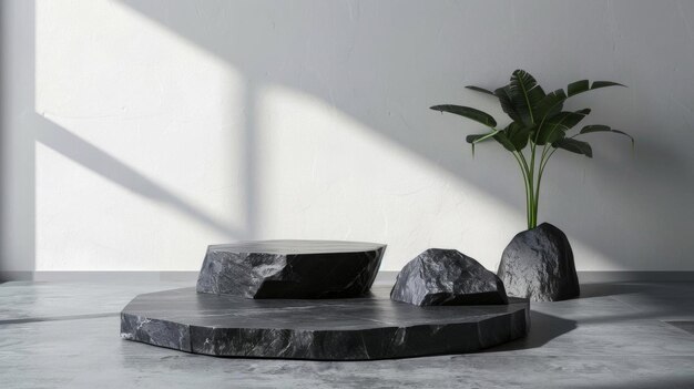 Modern minimalistic interior design with stone elements and a potted plant in natural sunlight