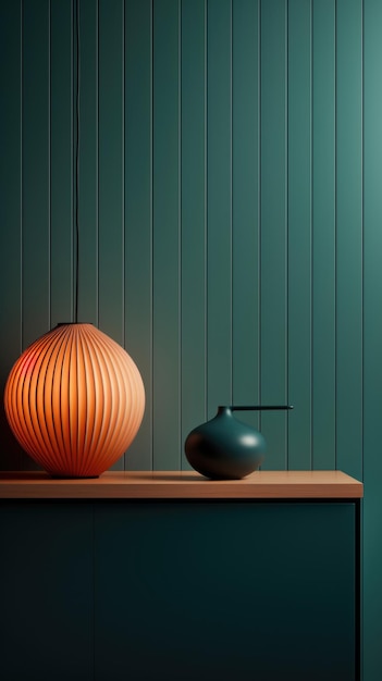 Modern minimalistic teal interior still life with vases and glowing lamp background