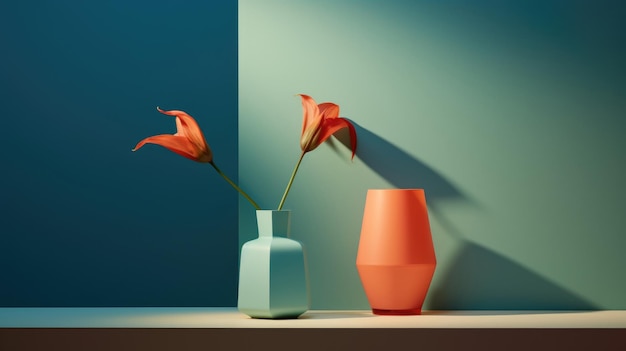 Modern minimalistic teal interior still life with vases and glowing lamp background