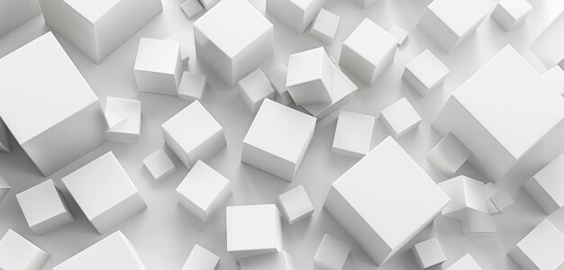 Photo modern and minimalistic white cube boxes in a scattered layout offering a clean background for banners or wallpapers with ample copy space