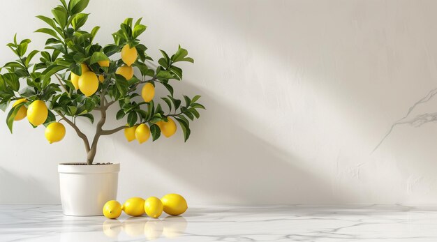 Modern minimalistic white kitchen interior with quartz countertop and potted lemon tree copy space