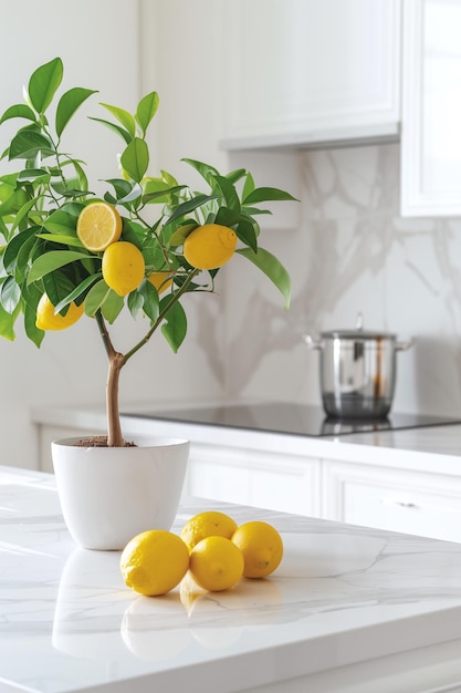 Modern minimalistic white kitchen interior with quartz countertop and potted lemon tree copy space