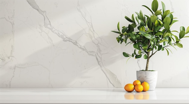 Modern minimalistic white kitchen interior with quartz countertop and potted lemon tree copy space