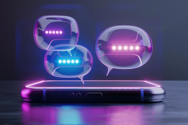 A modern mobile device showcases vibrant chat balloons in blue and purple symbolizing engaging customer communication and innovative app design