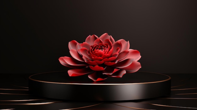 Modern Mockup Black Rose Gold Podium With Red Peony Petal Falling Depth Of Field Background 3d R