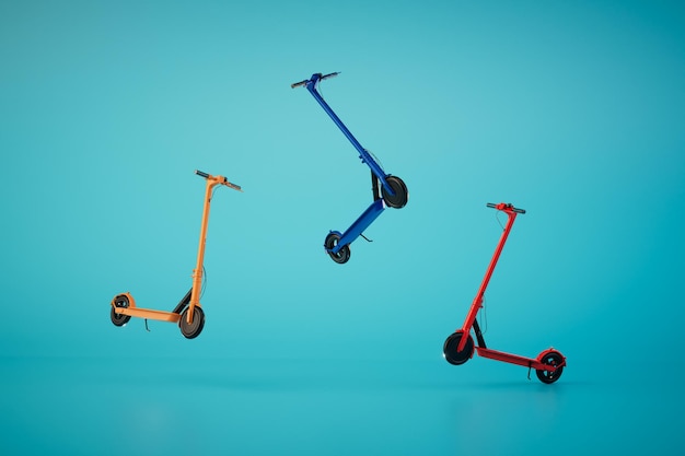 Modern mode of transport electric scooters of different colors on a turquoise background 3D render