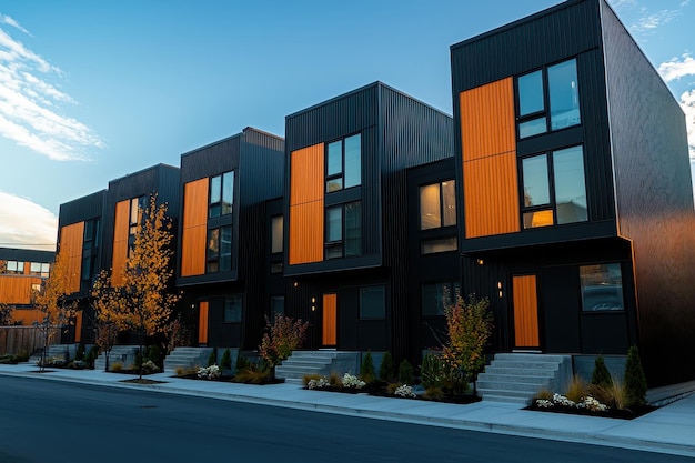 Photo modern modular black townhouses with a sleek design showcasing the exterior of residential architecture