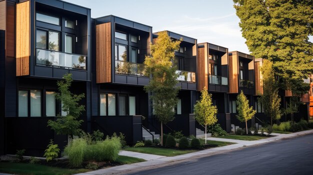 Photo modern modular private black townhouses residential architecture exterior generative ai