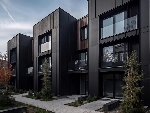 Modern modular private black townhouses residential architecture exterior