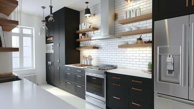 Modern Montreal kitchen black cabinets bright lighting