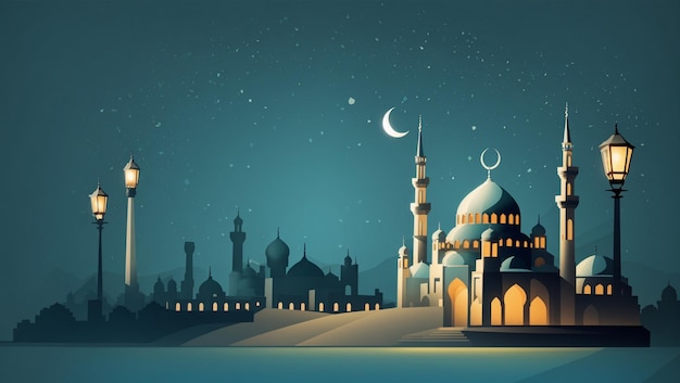 Modern Mosque Flat Design Illustration of a Contemporary Mosque Blending Tradition