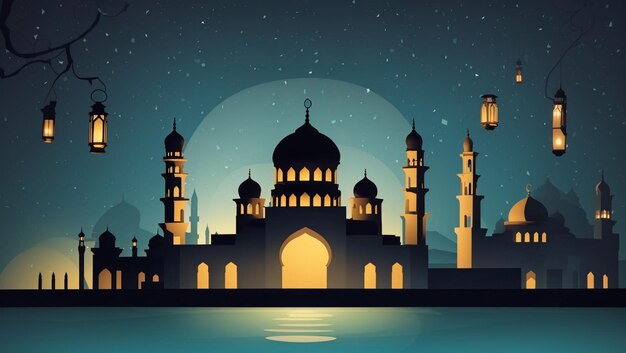 Modern Mosque Flat Design Illustration of a Contemporary Mosque Blending Tradition