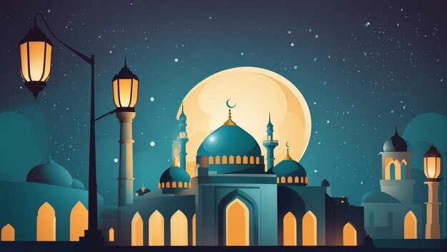 Modern Mosque Flat Design Illustration of a Contemporary Mosque Blending Tradition