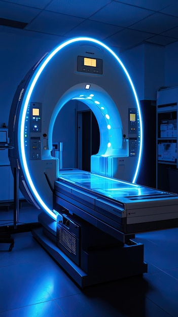 Photo a modern muon tomography scanning device illuminated with blue lights showcasing advanced technology in clinical setting sleek design emphasizes innovation and precision in imaging