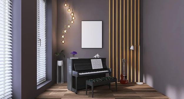 Modern music room interior design with blank poster frame mockup piano guitar floor lamp bulbs