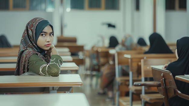 modern Muslim college girl in classroom