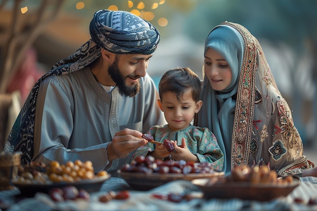 Modern Muslim Family Eating Dates to Break Fast