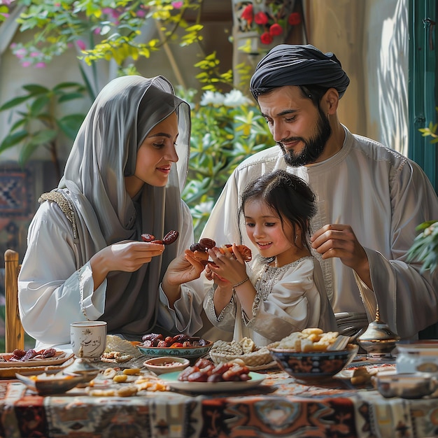 Photo modern muslim family eating dates to break fast