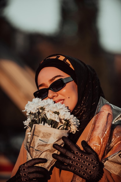 A modern Muslim woman with a hijab walking through the city carrying a bouquet of flowers