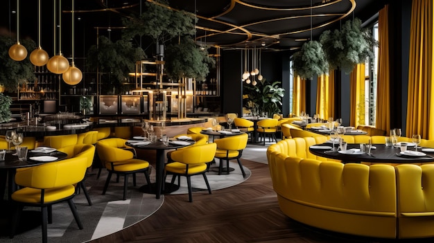 modern natural restaurant with yellowvelvet furniture