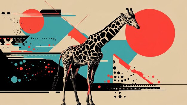 Modern Neo Brutalism giraffe poster featuring sharp lines in monochrome with red and blue accents