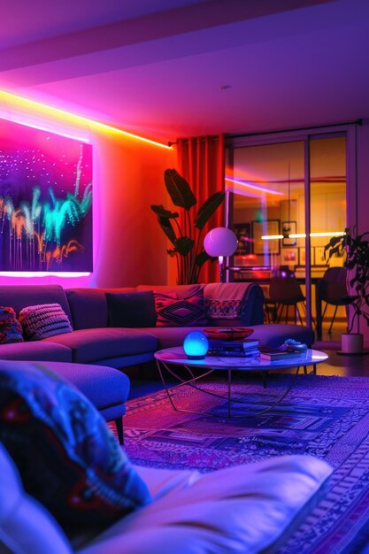 Photo modern neonlit living room with colorful led lights and cozy furniture