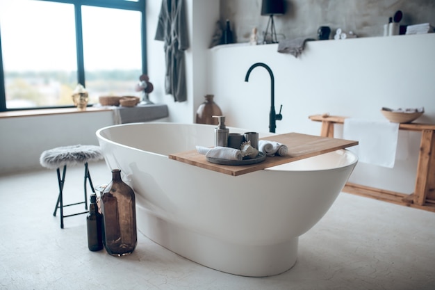 Modern nice bathroom with a big bathtube