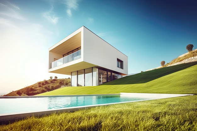 Modern Nordic house style on grass hill with pool and beautiful background relaxation Generative Ai