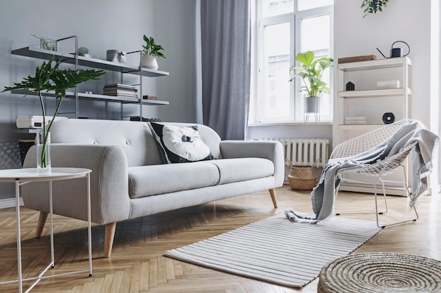 Modern nordic living room interior with design grey sofa, coffee table, plants, stylish accessories, decoration, carpet and bookstands in elegant home decor