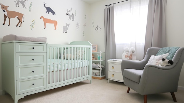 Modern nursery with a mint green crib white changing table and a grey rocking chair decorated wi