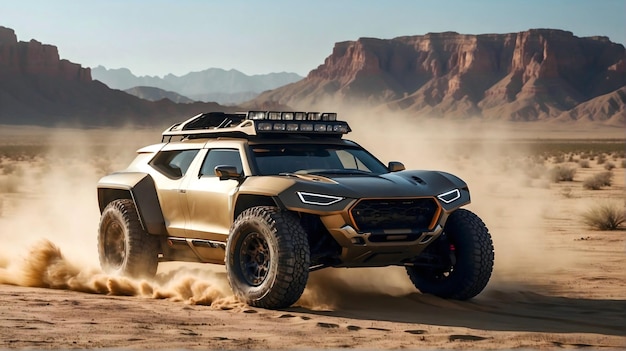 Modern off road vehicle driving trough desert and sand dunes auto adventure concept automotive