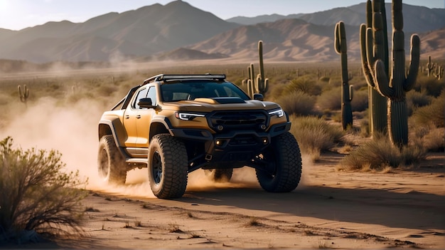 Modern off road vehicle driving trough desert and sand dunes auto adventure concept automotive