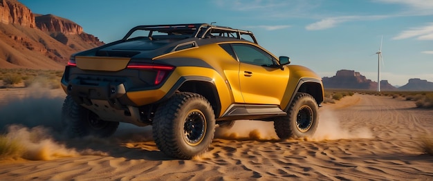 Modern off road vehicle driving trough desert and sand dunes auto adventure concept automotive