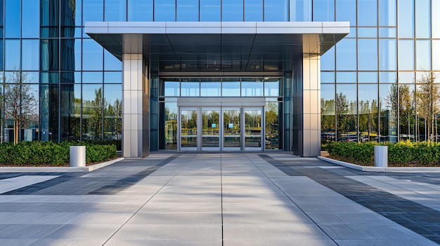 Modern Office Building Entrance with Glass Doors