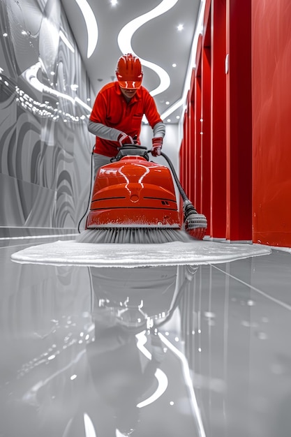 Modern office building floor cleaning with advanced machinery for efficient maintenance