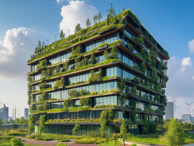 A modern office building at the forefront of sustainable design and green technology