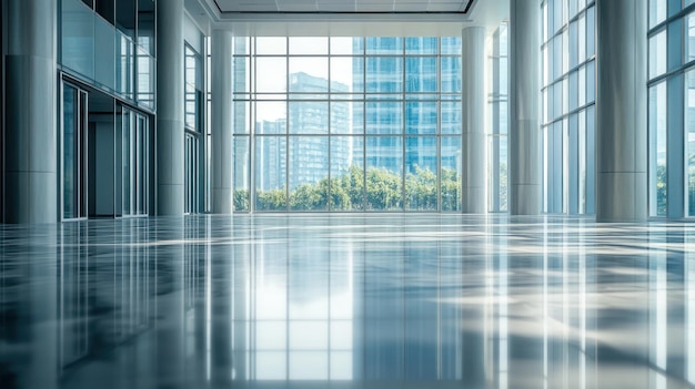 Modern Office Building Interior with Large Windows