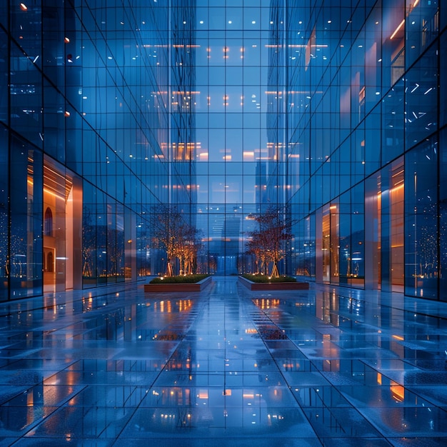 Modern office building with glass facade and reflection in the water at night