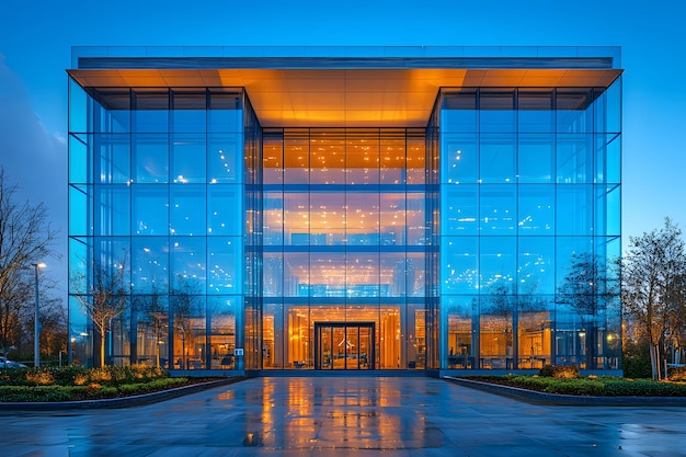 Modern office building with glass facade and reflection in the windows at night Perspective view